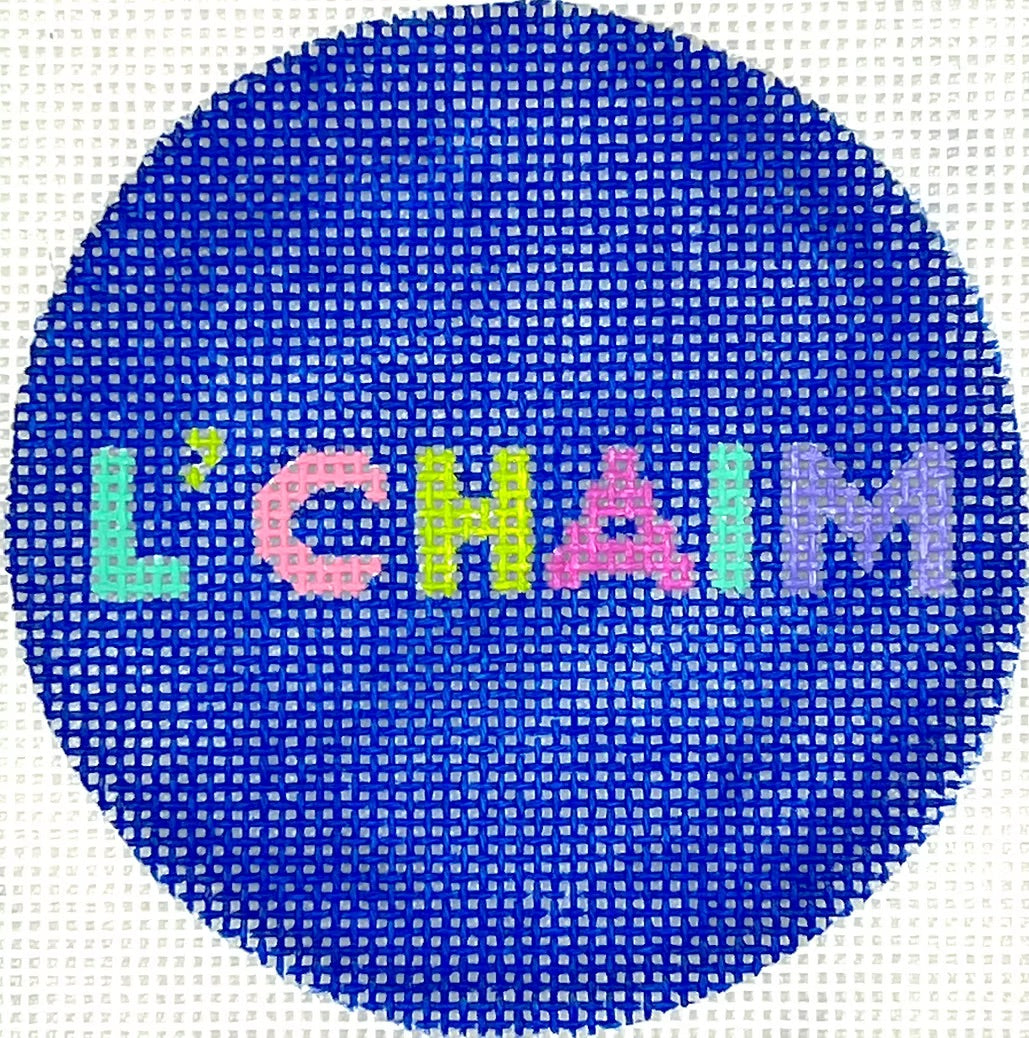3” Round – L’CHAIM – bright letters on blue
