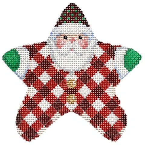 Red Gingham PJ Santa ornament bradley needlepoint star