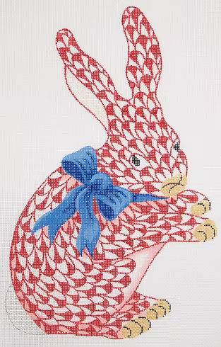 Herend-inspired Fishnet Standing Red Bunny w/ Blue Bow SST-331