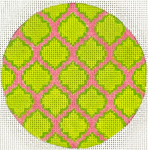 Planet Earth & Lee 4” Round – Quatrefoils – lime on bright pink w/ emerald letter (specify letter or blank)
