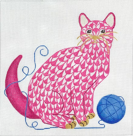 Herend-inspired Fishnet Cat w/ Ball of Yarn – pink & blue w/ gold PL-513