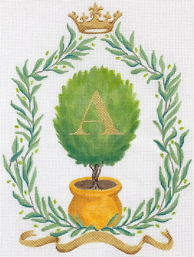 Monogram Crest – Olive Branches w/ Olive Topiary, Crown & Gold Ribbon (specify letter or blank)
