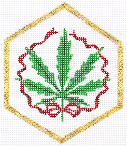 Drake Dickerson Christmas Ornament – Weed Leaf with Red Ribbon & Gold Border DD-XM-420