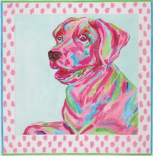 Megan Carn Laborador – pinks, blues & greens on soft turquoise w/ pink spotted border MC-PL-02