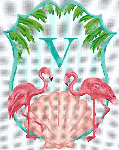 Monogram Crest – Flamingos, Scallop & Palm Branches w/ Aqua Stripes (specify letter or blank)