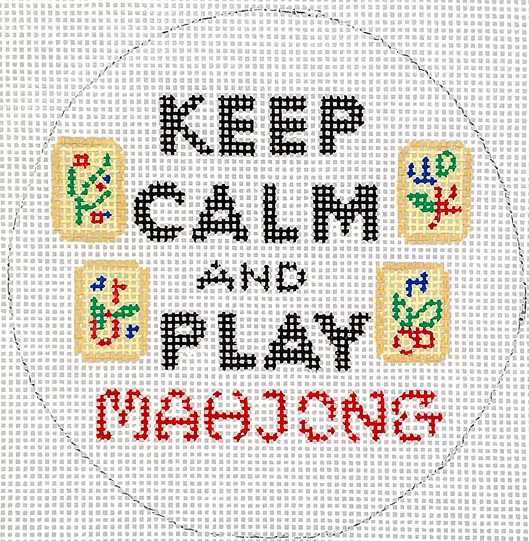 Planet Earth & Lee 4” Round – Keep Calm & Play Mahjong – red, black, ivory, green & blue on white