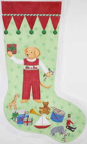 Kelly Rightsell Stocking – Yellow Dog Boy in Red Overalls KR-STK-01