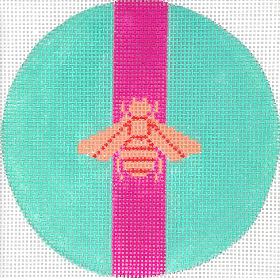 4” Round – Gucci Bee in Mod Colors – peach w/ fuchsia stripe on turquoise