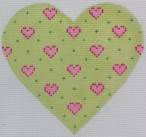 Mini Heart – Baby Hearts – pinks on lime (October) (stitch guide in notebook)