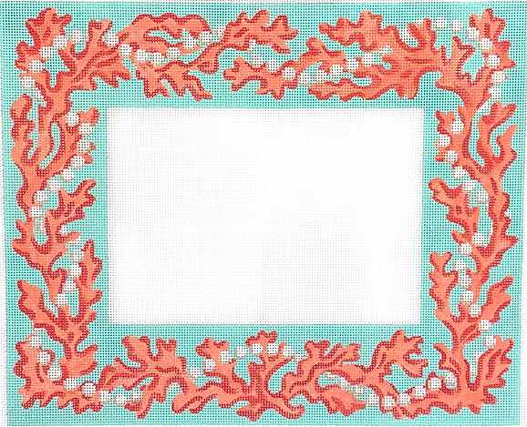 Frame – Bright Coral and Pearls – corals & pearlized white on Caribbean