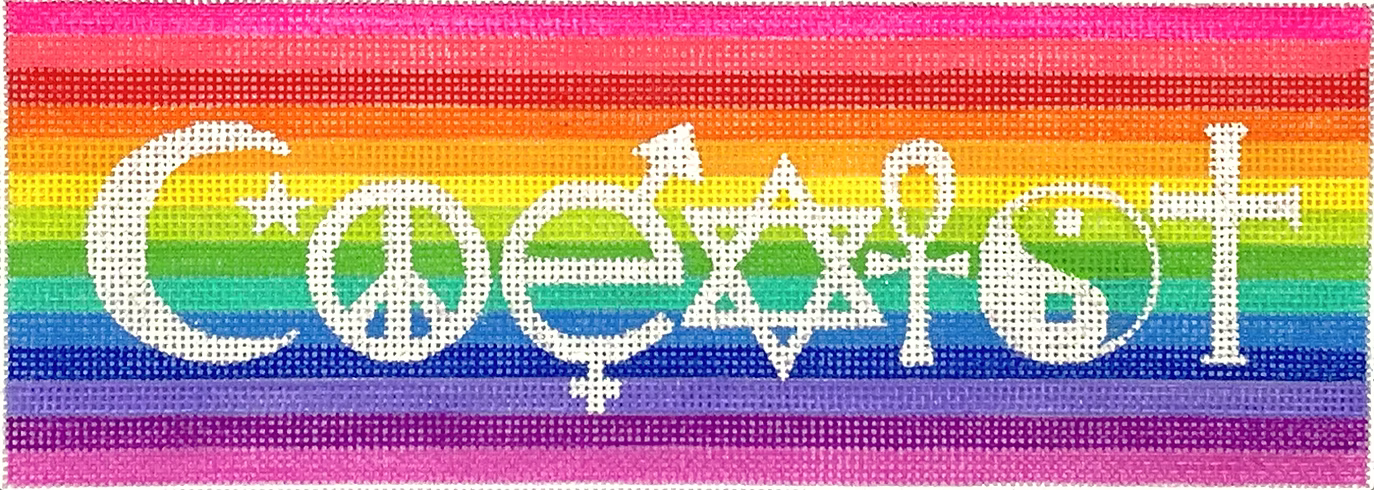 “COEXIST” – International Symbols in Sparkly White on Rainbow Stripes SS-237