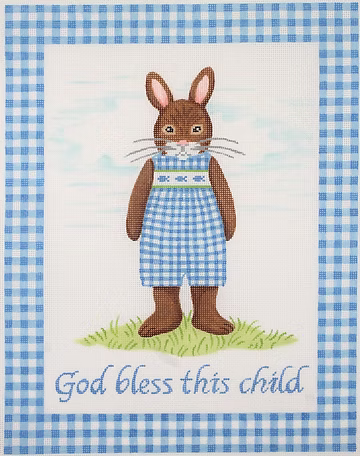 Kelly Rightsell – “God bless this child” Boy Bunny w/ Blue Gingham Border KR-PL-01