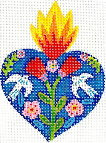 Julia Eves – Milagro Heart w/ Red Flowers, Doves & Red/Orange Flame JE-OM-04