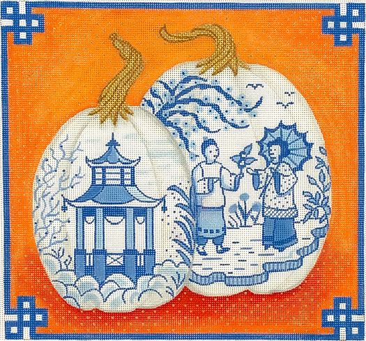 Chinoiserie Porcelain Pumpkins w/ Chinese border – blues, oranges & gold 2