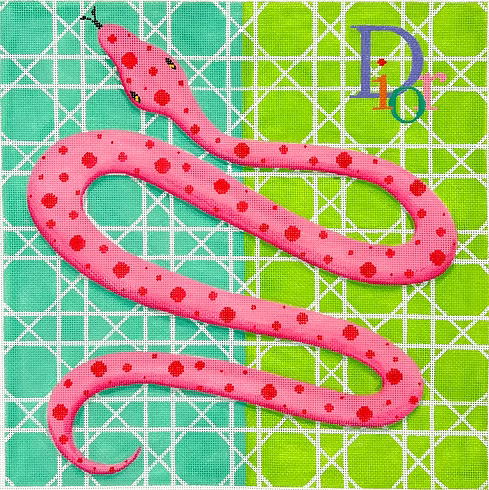 Designer Scarf Series – Dior-Inspired Pink Snake on Tuquoise/Lime Background w/ Caning PL-569
