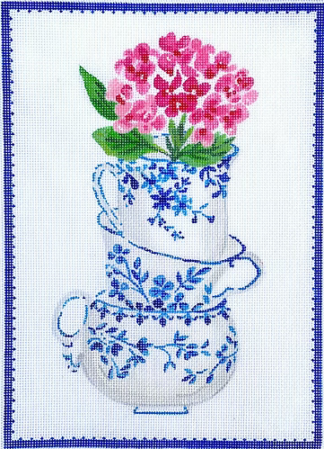 Lindsay Brackeen – Blue & White Stacked Teacups with Pink Flowers LB-PL-14