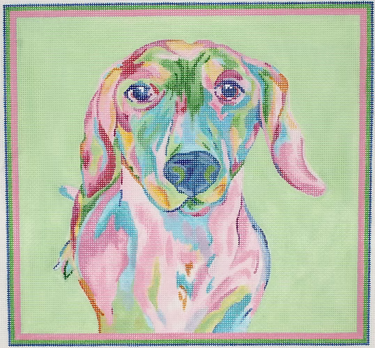 Megan Carn Dachshund – pinks, blues and greens on light green MC-PL-01