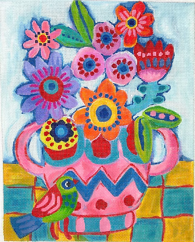 Julia Eves – Flowers in Pink & Blue Vase w/ Green Bird JE-PL-12