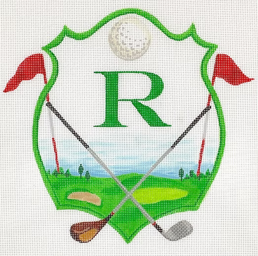 Monogram Crest – Golf Green w/ Clubs, Flags & Ball (specify letter or blank)
