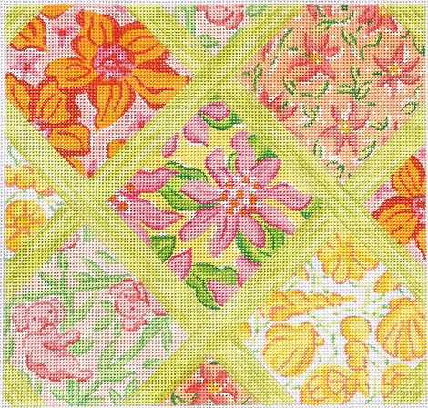 Med. Sq.– Lilly-inspired Lattice Patchwork – yellows, pinks, corals & greens PL-29
