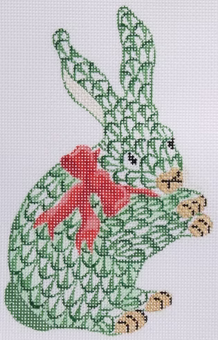 Christmas Ornament – Herend-style Standing Bunny w/ Ribbon – green w/ red & gold