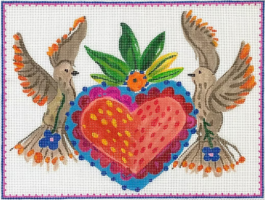 Carolyn Gavin – Doves w/ Heart Milagro – multi color (on 13 mesh) CG-PL-19
