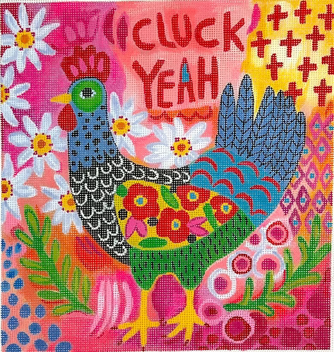 Julia Eves – “Cluck Yeah” Hen – on pink multi background JE-PL-11