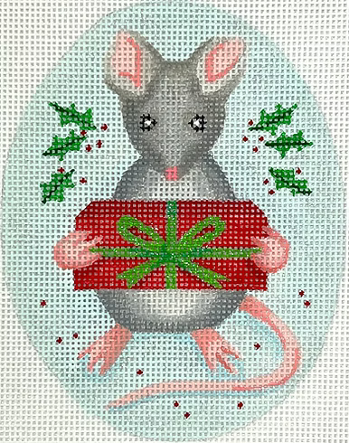 Christmas Ornament – Mouse w/ Gift Box & Holly on Snowy Blue