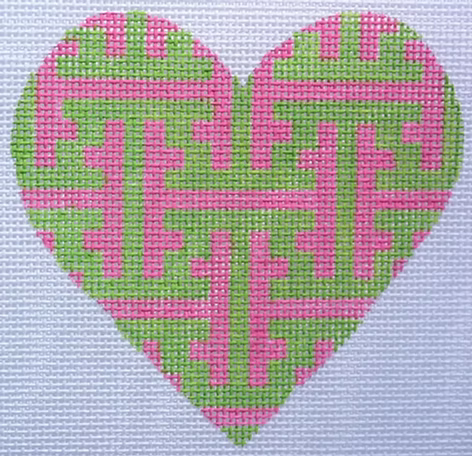 Mini Heart – Chinoiserie Lattice – green & pink (November) (stitch guide in notebook)