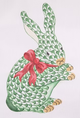 Herend-inspired Fishnet Standing Emerald Bunny w/ Red Bow SST-218