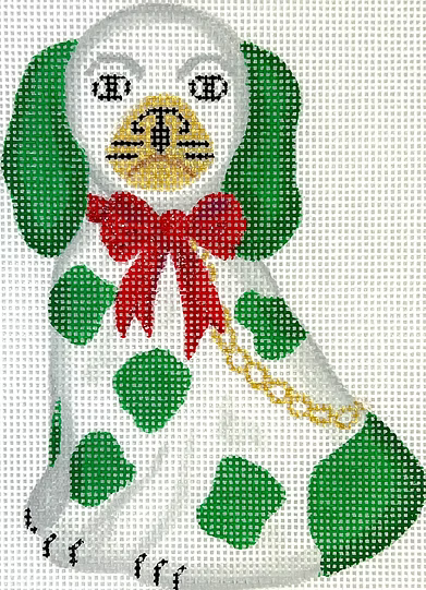 Mini Staffordshire Dog – White & Red w/ Gold Chain & Sparkly Green Bow (facing right)