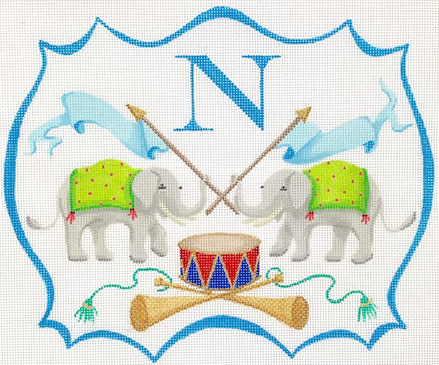 Monogram Crest – Elephants w/ Flags, Drum, Trumpets (specify letter or blank)