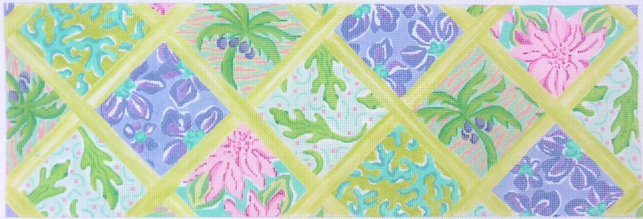 Long Rect.– Lilly-inspired Lattice Patchwork – turquoise, periwinkle, violet & greens PL-22