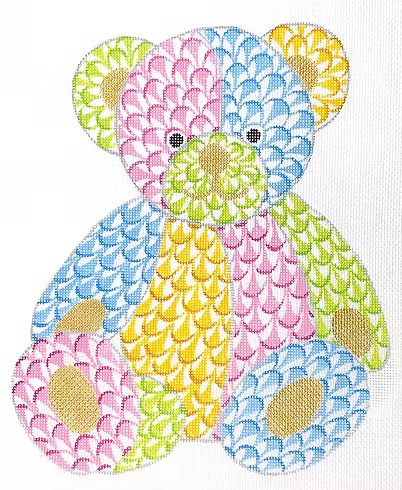 Herend-inspired Fishnet Patchwork Teddy Bear – pinks, blues, yellows & greens with gold SST-335
