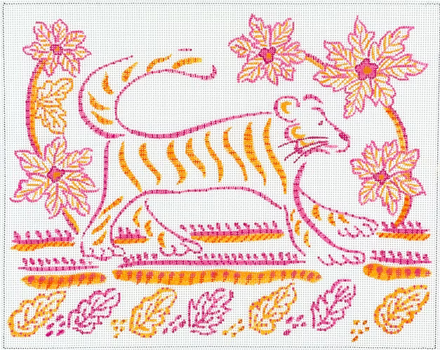 Jilly Walsh – Indian Textile-inspired Tiger w/ Flowers & Leaves JW-PL-21