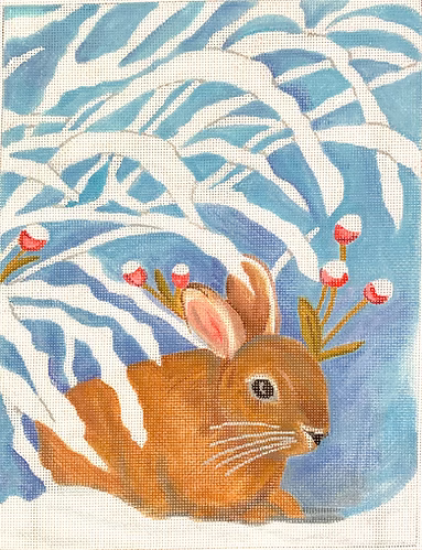 Sarah Saltus – Winter Bunny w/ Red Berries in Sparkly Snow – mixed blue background SSS-PL-01