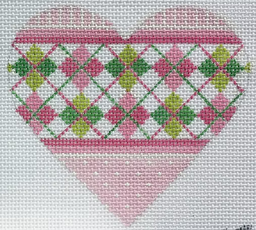 Mini Heart – Argyle – pinks & greens (April) (stitch guide in notebook)
