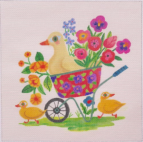 Shannon Snow – Spring Wheelbarrow w/ Ducks & Flowers – on cream SHS-PL-11
