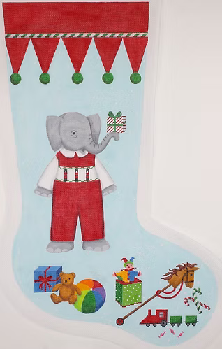 Kelly Rightsell Stocking – Elephant Boy in Red Overalls KR-STK-03