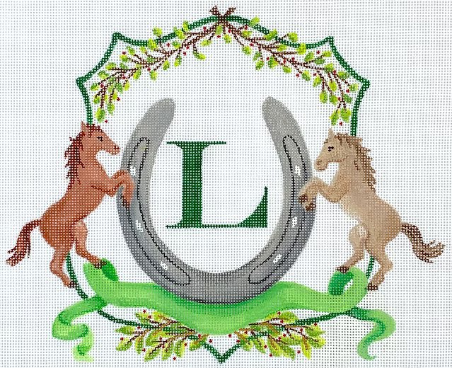 Monogram Crest – Horses, Horseshoe, Ribbon & Greenery (specify letter or blank)