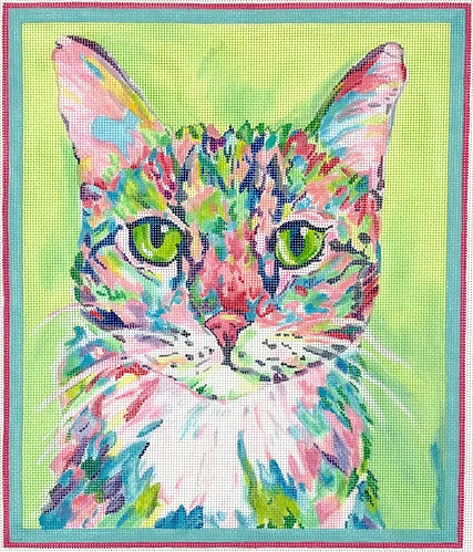 Megan Carn – Calico Cat – multi on soft green MC-PL-21