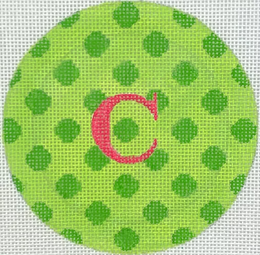 Planet Earth & Lee 4” Round – Polka Dots – bright green on lime w/ watermelon letter (specify letter or blank)