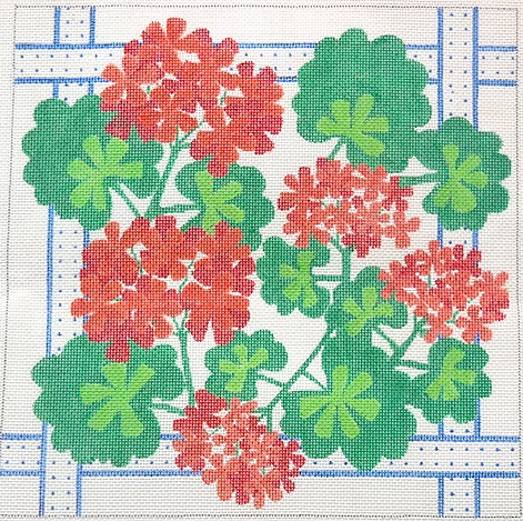 Geraniums Square w/ Ribbons – reds & greens w/ blues PL-72
