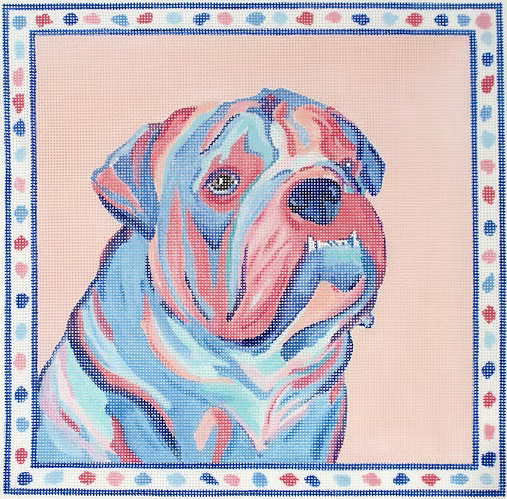 Megan Carn Bulldog – corals & blues on peach w/ spotted border MC-PL-04