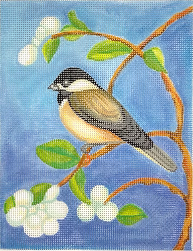 Sarah Saltus – Chickadee w/ Spring Blossoms – mixed blue background SSS-PL-02