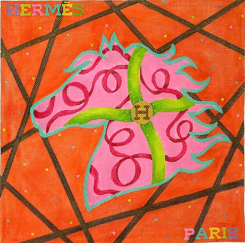 Designer Scarf Series – Hermès-Inspired Confetti Horse – brights on orange PL-564