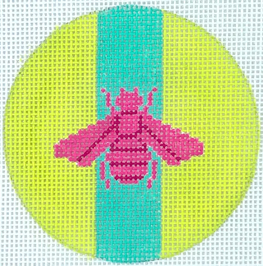Planet Earth & Lee 3” Round – Gucci Bee in Mod Colors – hot pink w/ turquoise stripe on citron green
