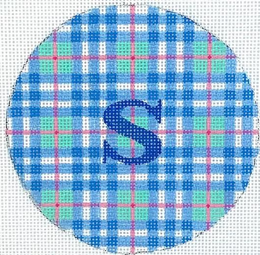 Planet Earth & Lee 4” Round – Madras Plaid – turquoise, blue & pink w/ blue letter