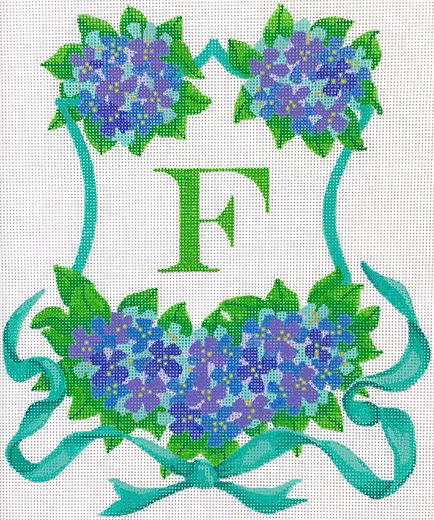 Monogram Crest – Hydrangeas & Ribbon – blues, lavenders, turquoise (specify letter or blank)