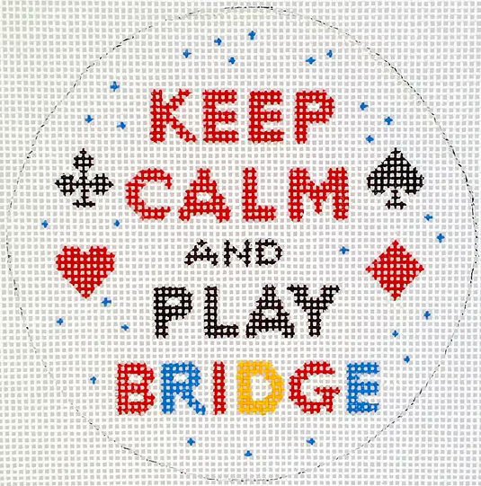 Planet Earth & Lee 4” Round – Keep Calm & Play Bridge – red, black, yellow & blue on white
